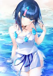 Rule 34 | 1girl, arm support, bare shoulders, black hair, blue eyes, blue hair, blue ribbon, blunt bangs, blush, breasts, closed mouth, collarbone, commentary request, dress, fate/grand order, fate/requiem, fate (series), hair ornament, hakuishi aoi, hand in own hair, hand up, head tilt, highres, jewelry, looking at viewer, magatama, magatama hair ornament, medium breasts, medium hair, multicolored hair, necklace, pelvic curtain, pink hair, ribbon, shallow water, short dress, sideboob, sideless outfit, sitting, smile, solo, strapless, streaked hair, thighs, utsumi erice, water, white dress