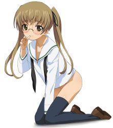 Rule 34 | 10s, 1girl, a1 (initial-g), between legs, black thighhighs, blonde hair, blush, bottomless, brown eyes, brown footwear, closed mouth, from side, full body, girls und panzer, glasses, groin, hand between legs, kneeling, loafers, long hair, long sleeves, looking at viewer, neckerchief, no pants, ooarai school uniform, oono aya, rimless eyewear, round eyewear, school uniform, shirt, shoes, simple background, solo, thighhighs, thumb to mouth, twintails, undone, undone neckerchief, white background, white shirt