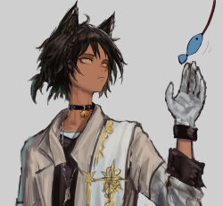 Rule 34 | animal ears, arknights, bell, black choker, black hair, black shirt, cat ears, cat teaser, choker, dark-skinned male, dark skin, ear piercing, earclip, geebee 79, gloves, grey background, highres, jacket, jewelry, male focus, neck bell, necklace, open clothes, open jacket, orange eyes, piercing, ponytail, shirt, short ponytail, simple background, solo, thorns (arknights), upper body, white gloves