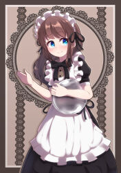 Rule 34 | 1girl, absurdres, apron, black border, black bow, black dress, blue eyes, blush, border, bow, brown background, brown hair, closed mouth, commentary request, dress, frilled apron, frills, highres, holding, holding tray, long hair, looking at viewer, maid, maid apron, maid headdress, original, puffy short sleeves, puffy sleeves, short sleeves, smile, solo, tray, white apron, yuya090602
