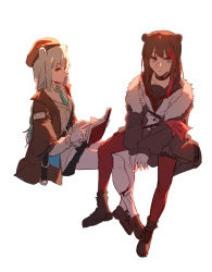 Rule 34 | 2girls, animal ears, arknights, arm ribbon, backlighting, bear ears, black choker, black skirt, blue eyes, blue hair, blue neckwear, book, boots, brown footwear, brown hair, brown headwear, brown jacket, chinese commentary, choker, closed mouth, commentary request, full body, fur-trimmed jacket, fur trim, hat, highres, holding, holding book, istina (arknights), jacket, legs on another&#039;s lap, loafers, long hair, long sleeves, multicolored hair, multiple girls, natsuyiro x, neckerchief, necktie, pantyhose, reading, red hair, red legwear, red neckwear, ribbon, school uniform, serafuku, shoes, shoulder strap, simple background, sitting, skirt, socks, streaked hair, sweater, white background, white legwear, white sweater, zima (arknights)