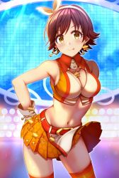 Rule 34 | 1girl, :p, armpits, belt, blush, breasts, brown hair, contrapposto, earrings, gloves, groin, hands on own hips, highres, honda mio, idolmaster, idolmaster cinderella girls, jewelry, looking at viewer, medium breasts, miniskirt, navel, pleated skirt, short hair, sideboob, skirt, smile, solo, stage, stage lights, star (symbol), star earrings, thighhighs, thighs, tongue, tongue out, white gloves, z.nov