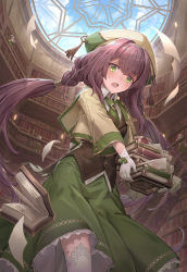 Rule 34 | 1girl, absurdres, blue sky, blush, book, book stack, braid, brown hair, day, gloves, green eyes, green skirt, hat, highres, holding, holding book, indoors, kneehighs, library, long skirt, looking at viewer, low twintails, open book, open mouth, original, shichigatsu, skirt, sky, socks, solo focus, standing, sweatdrop, twin braids, twintails, white gloves, white socks