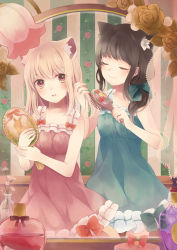 Rule 34 | 2girls, animal ears, black hair, blush, brown eyes, brown hair, brushing hair, cat ears, closed eyes, closed mouth, commentary request, dress, extra ears, frills, green dress, highres, holding, holding mirror, long hair, loungewear, millcutto, mirror, mole, mole under eye, multiple girls, original, parted lips, pink dress, smile