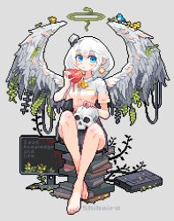 Rule 34 | 1girl, angel wings, barefoot, blue eyes, halo, monitor, original, pixel art, shibairo, sitting, skull, solo, white hair, wings