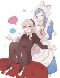 Rule 34 | 2girls, apron, bad id, bad twitter id, black dress, black hairband, black pantyhose, blue dress, blue hair, blush, braid, braided ponytail, breasts, closed eyes, clothing cutout, collar, collarbone, collared shirt, commentary request, corrin (female) (fire emblem), corrin (fire emblem), dress, eyelashes, feet, feet out of frame, fffera, fire emblem, fire emblem fates, frilled apron, frills, full body, grey hair, hair between eyes, hair brush, hairband, hands up, highres, holding, juliet sleeves, knees together feet apart, knees up, korean commentary, legs, lilith (fire emblem), long hair, long sleeves, maid, maid apron, medium breasts, multiple girls, nintendo, no shoes, open mouth, pantyhose, pointy ears, puffy sleeves, red eyes, shirt, short dress, siblings, sidelocks, simple background, sisters, sitting, speech bubble, spread toes, standing, stirrup legwear, swept bangs, thigh cutout, thighs, toeless legwear, toenails, toes, white apron, white background, white collar