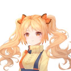 Rule 34 | 1girl, arknights, bailingxi, beige sweater, blonde hair, bow, commentary, grey eyes, hair bow, highres, long hair, orange bow, parted lips, pinecone (arknights), simple background, solo, suspenders, sweater, turtleneck, turtleneck sweater, twintails, upper body, white background