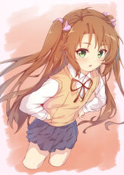 Rule 34 | 1girl, :o, absurdres, antenna hair, asahigaoka school uniform, black skirt, blush, brown hair, collared shirt, commentary request, cropped legs, green eyes, hair ribbon, hands on own hips, highres, koshigaya komari, long hair, long sleeves, looking at viewer, neck ribbon, non non biyori, open mouth, pizza (pizzania company), pleated skirt, purple ribbon, red ribbon, ribbon, school uniform, shirt, skirt, solo, standing, sweater vest, two side up, very long hair, white shirt, yellow sweater vest