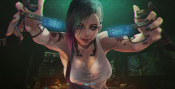 Rule 34 | 1girl, absurdres, arm tattoo, asymmetrical hair, black hair, black nails, blue eyes, breasts, cleavage, commentary, cyberpunk (series), cyberpunk 2077, downblouse, english commentary, english text, eyeliner, fingernails, gameplay mechanics, highres, interface headset, judy alvarez, light smile, lips, looking at viewer, makeup, mascara, medium breasts, monori rogue, multicolored hair, nail polish, pov, purple hair, sidecut, solo, subtitled, tank top, tattoo, two-tone hair, undercut
