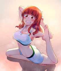 Rule 34 | 1girl, absurdres, alternate costume, ass, bare arms, bare legs, bare shoulders, barefoot, blunt bangs, blush, breasts, cleavage, clenched teeth, commentary request, girls und panzer, highres, kou1, long hair, looking at viewer, open mouth, orange eyes, orange hair, shorts, sitting, sports bra, sportswear, steaming body, sweat, takebe saori, teeth, trembling, yoga