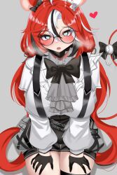 Rule 34 | 1girl, animal ears, ascot, black bow, black bowtie, black gloves, black hair, black shorts, blush, bow, bowtie, breasts, chain, dice hair ornament, frilled shirt, frills, glasses, gloves, grey ascot, grey background, hair bow, hair ornament, hakos baelz, hakos baelz (4th costume), half gloves, hands on own thighs, heart, heart-shaped pupils, highres, hololive, hololive english, large breasts, long hair, mouse ears, mouse girl, mouse tail, multicolored hair, official alternate costume, open mouth, red hair, round eyewear, sharp teeth, shirt, shorts, streaked hair, suspender shorts, suspenders, sweat, symbol-shaped pupils, tail, tail bow, tail ornament, teeth, thigh gap, thigh strap, virtual youtuber, white hair, white shirt, yobi (ybpac18)