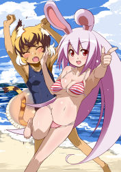 Rule 34 | 2girls, :d, animal ears, barefoot, beach, bikini, breasts, brown hair, cleavage, closed eyes, cloud, day, fang, hand on another&#039;s cheek, hand on another&#039;s face, innertube, jpeg artifacts, long hair, multiple girls, navel, ocean, one-piece swimsuit, open mouth, original, outdoors, pointing, purple hair, rabbit ears, red eyes, sand, school swimsuit, short hair, sky, smile, striped bikini, striped clothes, swim ring, swimsuit, tail, tiger ears, tiger tail, very long hair, water, yoshihara maito