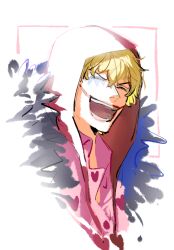 Rule 34 | 1boy, ^ ^, blonde hair, closed eyes, commentary, donquixote rocinante, feather coat, hat, heart, male focus, one piece, pink shirt, raine (acke2445), shirt, simple background, smile, solo, symbol-only commentary, white background