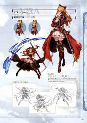 Rule 34 | 10s, 1girl, arms behind head, arms up, belt, black bow, black thighhighs, blonde hair, boots, bow, breasts, brown footwear, chibi, cleavage, concept art, crazy eyes, crazy smile, cross-laced footwear, dress, empty eyes, full body, gauntlets, granblue fantasy, grin, hair between eyes, hair bow, hand on own face, highres, knee pads, lace, lace-trimmed dress, lace-up boots, lace trim, large breasts, lineart, long hair, looking at viewer, medium breasts, minaba hideo, multiple views, non-web source, official art, open mouth, orange eyes, ponytail, purple ribbon, red eyes, ribbon, scan, sheath, sheathed, short dress, shoulder pads, sidelocks, simple background, smile, standing, sword, thighhighs, unsheathed, vira (granblue fantasy), weapon, zettai ryouiki