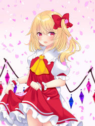 Rule 34 | 1girl, :d, ascot, bad id, bad pixiv id, blush, bow, commentary request, cowboy shot, crystal, falling petals, fang, flandre scarlet, flat chest, frilled shirt collar, frills, gradient background, hair between eyes, hair bow, holding, holding clothes, holding skirt, looking at viewer, medium hair, no headwear, one side up, open mouth, petals, petticoat, pink background, puffy short sleeves, puffy sleeves, red bow, red eyes, red skirt, red vest, short sleeves, simple background, skin fang, skirt, skirt basket, skirt set, smile, solo, standing, tosakaoil, touhou, vest, wings, wrist cuffs, yellow ascot