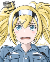 Rule 34 | 1girl, admiral paru, blonde hair, blue eyes, blue shirt, breasts, collared shirt, gambier bay (kancolle), hair ornament, hairband, kantai collection, large breasts, long hair, looking at viewer, multicolored hairband, open mouth, shirt, simple background, solo, twintails, twitter username, upper body, white background