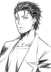 Rule 34 | 1boy, coat, collarbone, greyscale, lab coat, looking at viewer, male focus, monochrome, namidame, okabe rintarou, open clothes, open coat, simple background, solo, steins;gate, white background