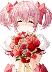 Rule 34 | 1girl, absurdres, blush, bouquet, bow, closed eyes, commentary, facing viewer, flower, hair bow, highres, holding, holding bouquet, kaname madoka, kaname madoka (magical girl), magical girl, mahou shoujo madoka magica, mahou shoujo madoka magica (anime), misteor, nose blush, open mouth, pink bow, pink hair, puffy short sleeves, puffy sleeves, short hair, short sleeves, short twintails, simple background, smile, solo, teeth, twintails, upper body, upper teeth only, white background