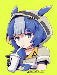 Rule 34 | 1girl, arknights, blue eyes, blue hair, character name, choker, drinking straw, drinking straw in mouth, glaucus (arknights), glaucus (exterminator in the square) (arknights), gloves, hood, hood up, low ponytail, multicolored hair, official alternate costume, short sleeves, shuuzen (shu-zen), solo, streaked hair
