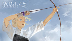 Rule 34 | 1girl, arrow (projectile), blonde hair, blue eyes, blue sky, bow (weapon), cloud, cloudy sky, dan evan, dated, day, english text, floating hair, holding, holding bow (weapon), holding weapon, muneate, open mouth, original, outdoors, short sleeves, sky, solo, summer, weapon, yumi (bow)
