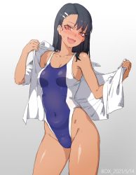 Rule 34 | 1girl, :3, :d, black hair, blush, breasts, brown eyes, cleavage, competition swimsuit, covered navel, cowboy shot, dark-skinned female, dark skin, fang, female focus, groin, hair ornament, hairclip, highres, ijiranaide nagatoro-san, long hair, looking at viewer, nagatoro hayase, one-piece swimsuit, open clothes, open mouth, open shirt, shiny skin, skin fang, smile, solo, standing, sweatdrop, swimsuit, swimsuit under clothes, thighs, undressing, xiangzi box