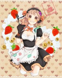 Rule 34 | 10s, 1girl, apron, bad id, bad pixiv id, blue hair, blush stickers, breasts, brown hair, charlotte (madoka magica), cleavage cutout, clothing cutout, elska0813, food, fork, fruit, gloves, grin, hairband, highres, mahou shoujo madoka magica, mahou shoujo madoka magica (anime), maid, maid apron, medium breasts, multicolored eyes, multicolored hair, nail polish, personification, red hair, saki (little crown), single glove, smile, solo, strawberry, thighhighs, white thighhighs
