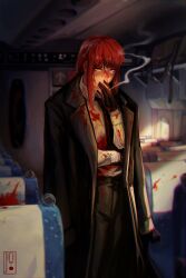 Rule 34 | 1girl, absurdres, black coat, black gloves, black necktie, black pants, blood, blood on clothes, blood on face, braid, braided ponytail, chainsaw man, cigarette, coat, coat on shoulders, collared shirt, dark, formal, gloves, highres, holding, holding cigarette, jinjilion, looking to the side, makima (chainsaw man), medium hair, necktie, pants, red eyes, red hair, shirt, shirt tucked in, sidelocks, smoke, smoking, solo, standing, suit, train interior, white shirt