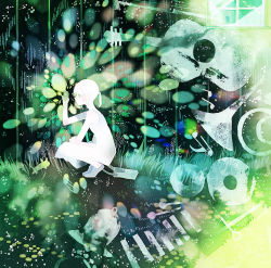Rule 34 | 1girl, abstract, album cover, bag, bell, closed mouth, cover, dress, green theme, guitar, highres, instrument, loafers, looking at object, musical note, original, ponytail, satchel, second-party source, shoes, sleeveless, sleeveless dress, squatting, trumpet, xylophone, yoshida yoshitsugi