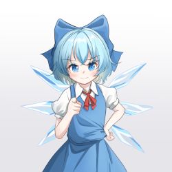 Rule 34 | 1girl, blue bow, blue eyes, blue hair, blue vest, bow, cirno, closed mouth, collared shirt, commentary, english commentary, hair bow, hand on own hip, highres, i want you, ice, ice wings, lbcirno9, looking at viewer, parody, pointing, pointing at viewer, shirt, short hair, simple background, smile, solo, touhou, vest, white background, white shirt, wings