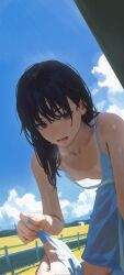 Rule 34 | 1girl, 1other, absurdres, all fours, aqua eyes, bare shoulders, black hair, blue sky, blush, breasts, chainsaw man, chinese commentary, cloud, day, dress, highres, long hair, looking at viewer, mitaka asa, no bra, open mouth, pov, sky, sleeveless, sleeveless dress, small breasts, solo focus, sweat, tan, tanline, variant set, white dress, yao liao wang