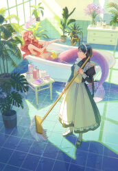 Rule 34 | 2girls, apron, bathroom, bathtub, black hair, candle, fins, head fins, highres, hiko (scape), long braid, long hair, maid, maid apron, maid headdress, mermaid, monster girl, mop, multiple girls, original, partially submerged, plant, potted plant, red hair, rubber duck, shampoo bottle, tile floor, tiles, window