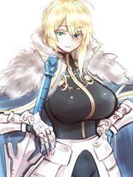 Rule 34 | 10s, 1girl, ahoge, armor, artoria pendragon (fate), artoria pendragon (lancer) (fate), black shirt, blonde hair, blue cape, blush, braid, breasts, cape, closed mouth, excalibur galatine (fate), eyelashes, fate/extra, fate/grand order, fate (series), faulds, french braid, fur-trimmed cape, fur trim, gauntlets, gawain (fate), green eyes, hair between eyes, hair bun, hand on own hip, hayama kazusa, highres, huge breasts, long hair, looking at viewer, shirt, sidelocks, simple background, single hair bun, smile, solo, swept bangs, white background