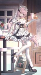 Rule 34 | 1girl, apron, arm support, blue eyes, breasts, chalkboard, cleavage, cupcake, elbow gloves, elf, elysia (honkai impact), elysia (miss pink elf) (honkai impact), flower, food, frilled apron, frilled skirt, frills, full body, glass, gloves, hand up, high heels, highres, holding, holding tray, honkai (series), honkai impact 3rd, large breasts, long hair, maid, maid headdress, medium breasts, neon (pixiv 31150749), official alternate costume, pink hair, pointy ears, ribbon, skirt, solo, standing, standing on one leg, thighhighs, tray, white thighhighs