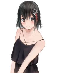 Rule 34 | 1girl, 73suke, absurdres, black dress, black hair, brown eyes, collarbone, commentary request, cowboy shot, dress, haguro (kancolle), hair ornament, highres, kantai collection, looking at viewer, short hair, simple background, smile, solo, spaghetti strap, white background