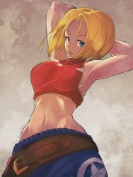Rule 34 | 1girl, armpits, arms behind head, arms up, blonde hair, blue eyes, blue mary, breasts, crop top, fatal fury, highres, large breasts, navel, pants, short hair, sleeveless, smile, snk, solo, the king of fighters, yuenibushi