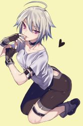 Rule 34 | 1girl, absurdres, ahoge, arm strap, bad id, bad pixiv id, black choker, blouse, boots, brown gloves, choker, fingerless gloves, gloves, grey hair, hair between eyes, hands up, heart, highres, kneeling, leg strap, looking at viewer, maruchi, original, pants, pink eyes, shirt, short hair, short sleeves, simple background, smile, solo, thigh gap, thigh strap, white shirt, yellow background