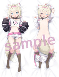 1girl :d ahoge animal_ears arm_up arm_warmers armpits bare_legs bare_shoulders bed_sheet belt black_collar black_jacket black_socks blank_censor blonde_hair blue_eyes blush buckle censored chain clenched_hand clothes_lift clothes_pull collar commentary_request crop_top dakimakura_(medium) dog_ears dog_girl dog_tail double-parted_bangs enuzoushigaya fake_horns fingernails fishnet_socks fishnets flat_chest from_above full_body hair_between_eyes hair_ornament hairband hairclip hands_up highres hololive hololive_english horned_headwear horns jacket light_blush looking_at_viewer lying medium_hair mococo_abyssgard multiple_views navel nipples nude on_back open_clothes open_jacket open_mouth paid_reward_available pink_belt pink_hairband pink_nails sample_watermark shirt shirt_lift short_shorts short_sleeves shorts shorts_pull smile socks solo_focus star_ornament stomach tail thighs virtual_youtuber watermark white_background white_shirt white_shorts