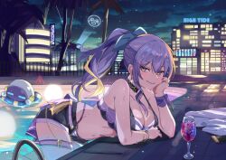 Rule 34 | 1girl, bikini, black shorts, blue nails, breasts, choker, city, cleavage, cup, drinking glass, earrings, highres, hololive, hololive indonesia, hololive summer 2023 swimsuit, jewelry, large breasts, long hair, ludwigtk, moona hoshinova, navel, night, ponytail, pool, poolside, purple eyes, purple hair, shorts, single earring, smile, striped bikini, striped clothes, swimsuit, unworn clothes, virtual youtuber