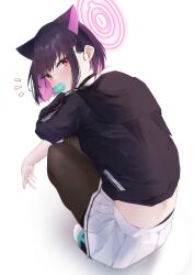 Rule 34 | 1girl, absurdres, animal ears, black choker, black hair, black hoodie, black panties, black pantyhose, blue archive, blunt ends, blush, cat ears, choker, extra ears, fake horns, food, hair ornament, hairpin, halo, highres, hood, hood down, hoodie, horned headwear, horns, kazusa (blue archive), looking at viewer, looking back, macaron, mouth hold, multicolored hair, notice lines, panties, panty peek, pantyhose, pink hair, pleated skirt, red eyes, short hair, simple background, skirt, solo, squatting, two-tone hair, underwear, white background, white skirt, yumenoakagi