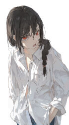 Rule 34 | 1girl, black hair, braid, braided ponytail, button gap, buttons, chainsaw man, collared shirt, cropped torso, dino (dinoartforame), glaring, hair between eyes, hair over shoulder, hair tie, highres, long hair, looking at viewer, nayuta (chainsaw man), open collar, open mouth, orange eyes, ringed eyes, shirt, sidelocks, simple background, sleeves rolled up, solo, tagme, v-shaped eyebrows, white background, white shirt