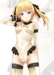 Rule 34 | 1girl, bare shoulders, blonde hair, blue eyes, bow, cameltoe, caryo, dead or alive, dead or alive 5, detached sleeves, female focus, frills, gloves, hair ribbon, leotard, looking at viewer, marie rose, ribbon, smile, solo, thighhighs, twintails