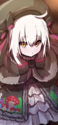 Rule 34 | 10s, 1girl, ahoge, bad id, bad pixiv id, beret, black bow, black capelet, black dress, black hat, blush, bow, brown eyes, capelet, closed mouth, commentary request, cosplay, dress, fate/extra, fate/grand order, fate (series), food print, fur-trimmed capelet, fur trim, gothic lolita, hair between eyes, hat, hat bow, highres, jeanne d&#039;arc (fate), jeanne d&#039;arc alter santa lily (fate), lolita fashion, long hair, looking at viewer, mushroom print, nursery rhyme (fate), nursery rhyme (fate) (cosplay), print dress, silver hair, solo, striped, striped bow, wada kazu
