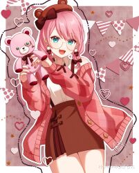 Rule 34 | 1girl, absurdres, aqua eyes, bow, brown skirt, charlotte (genshin impact), commentary request, doll, earrings, genshin impact, glasses, hat, highres, holding, holding doll, holding stuffed toy, jacket, jewelry, long sleeves, looking at viewer, medium hair, open mouth, pink hair, pink jacket, pochimaru (marumaru wanwan), red headwear, skirt, smile, stuffed animal, stuffed toy, sweater jacket, teddy bear