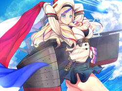 Rule 34 | 10s, 1girl, arms behind head, belt, beret, blazer, blonde hair, blue eyes, blue hair, breasts, cleavage, commandant teste (kancolle), cowboy shot, floating hair, french flag, hair over shoulder, hat, highres, jacket, kantai collection, large breasts, long hair, machinery, matching hair/eyes, miniskirt, multicolored hair, pom pom (clothes), red hair, skindentation, skirt, smile, solo, streaked hair, thighs, untue, white hair, wind, wind lift
