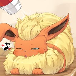 Rule 34 | absurdres, blush, commentary request, creatures (company), flareon, fluffy, full body, game freak, gen 1 pokemon, hair dryer, heart, highres, kitsunerider, musical note, nintendo, no humans, one eye closed, pokemon, pokemon (creature), spoken heart, spoken musical note