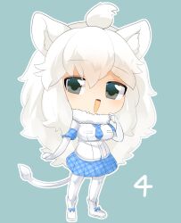 Rule 34 | 1girl, animal ear fluff, animal ears, blue background, blue bow, blue necktie, blue skirt, blush, boots, bow, breasts, chibi, commentary request, elbow gloves, footwear bow, full body, fur collar, gloves, grey eyes, highres, kemono friends, large breasts, lets0020, lion ears, lion girl, lion tail, long hair, looking at viewer, medium bangs, necktie, open mouth, pantyhose, plaid, plaid necktie, plaid skirt, shirt, short sleeves, skirt, smile, solo, standing, tail, white footwear, white gloves, white hair, white lion (kemono friends), white pantyhose, white shirt