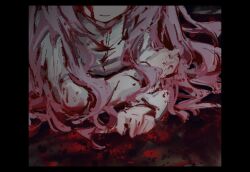 Rule 34 | 1boy, blood, blood in hair, blood on clothes, blood on face, blood on ground, blood on hands, chinese commentary, closed mouth, commentary request, hatsutori hajime, head out of frame, jiekuijiangshadaonijiamenkou, long hair, long sleeves, male focus, pink hair, saibou shinkyoku, shirt, smile, solo, wavy hair, white shirt