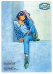 Rule 34 | 1990s (style), 1girl, absurdres, blue theme, boots, casual, contemporary, dark-skinned female, dark skin, denim, denim jacket, earrings, english text, expressionless, full body, fushigi no umi no nadia, green eyes, hair ornament, hairclip, hand on own head, highres, hoop earrings, jacket, jeans, jewelry, knee up, nadia la arwall, necklace, official art, pants, purple hair, retro artstyle, scarf, sitting, solo, torn clothes, torn jeans, torn pants, windowsill