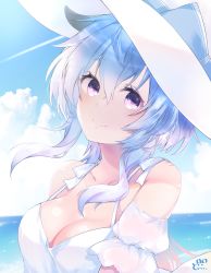 Rule 34 | 1girl, absurdres, bare shoulders, blue hair, blush, breasts, cleavage, cloud, cloudy sky, curled horns, day, dodosako, dress, ganyu (genshin impact), genshin impact, hat, highres, horns, looking at viewer, medium breasts, purple eyes, sidelocks, signature, sky, smile, solo, upper body, white dress