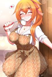 Rule 34 | 1girl, apron, blush, breasts, cleavage, commentary request, closed eyes, girls&#039; frontline, heart, housewife, kalina (girls&#039; frontline), large breasts, long hair, orange hair, sayossa (pak-front), side ponytail, smile, solo, spoken heart